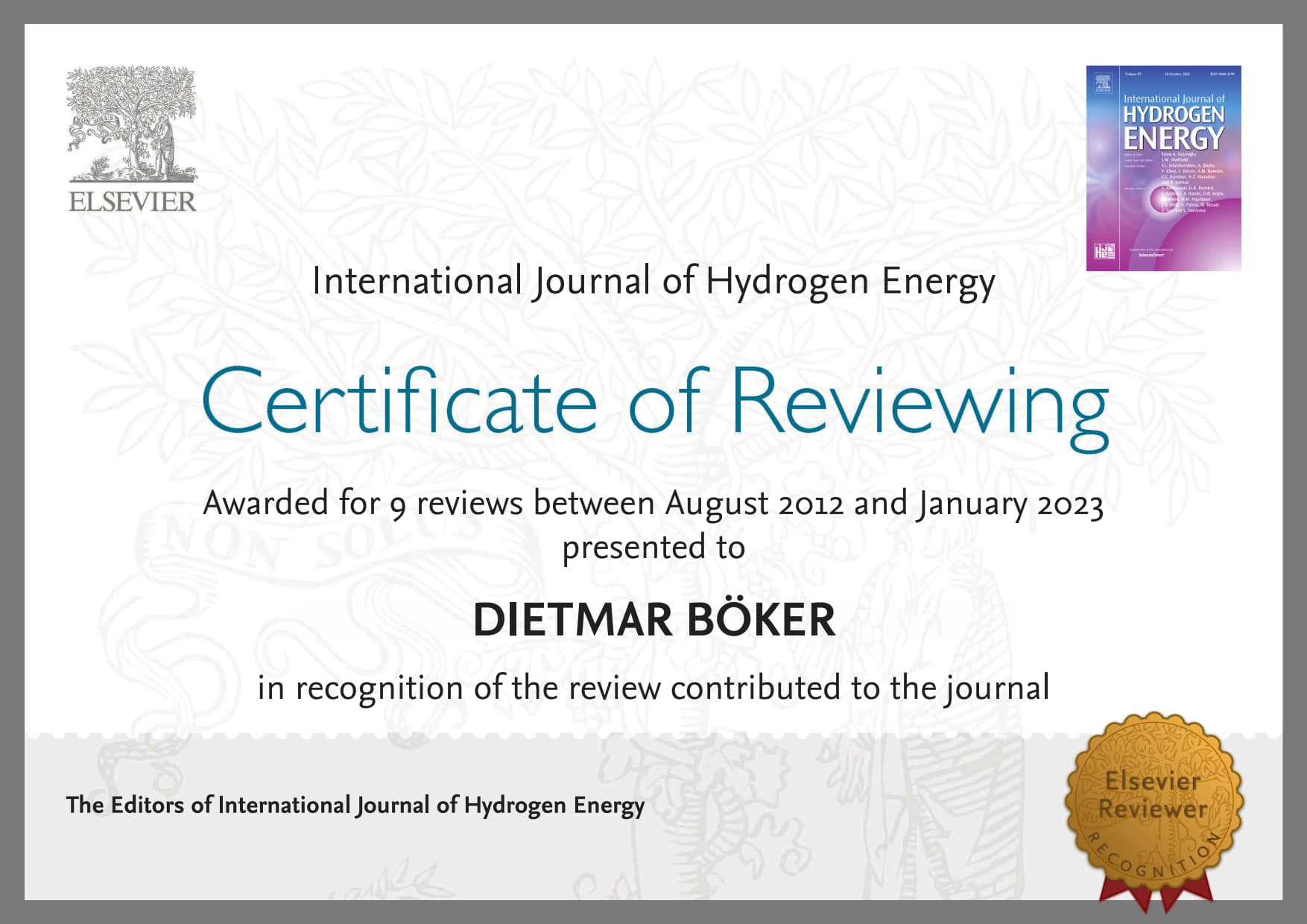 Zertifikat International Journal of Hydrogen Energy